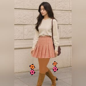 ZARA🐞Tweed Preepy Plaid Orange Cream Pleated Mini High Waisted Skirt Sz:S